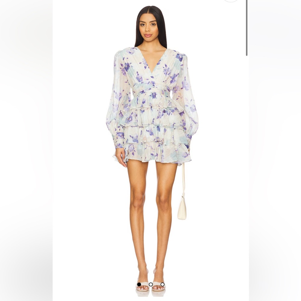line & dot fleur flower print tiered chiffon long sleeve mini dress small NEW